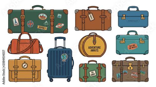 Fotografía Vintage Luggage Collection: Travel Bags and Suitcases with Stickers