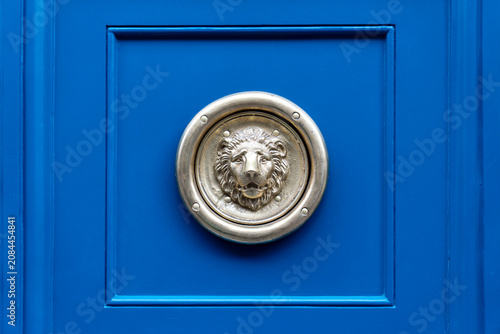 Close-up of a brass lion head door knocker mounted on a bright blue wooden door with decorative paneling.