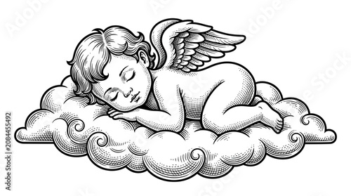 Photos Cherub Sleeping on Cloud, Vintage Engraving Style