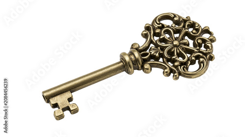 Bild auf Leinwand Antique ornate brass skeleton key with decorative bow, isolated on transparent b