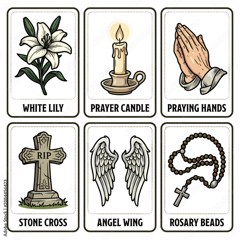 Obraz premium Religious and funeral symbols, a lily, candle, hands, cross, wings, and rosary