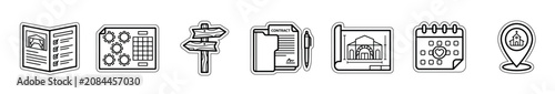 Seven black and white line art icons for wedding planning arranged in a horizontal row, featuring a contract, calendar, invitation, blueprint, and location pin for event organization