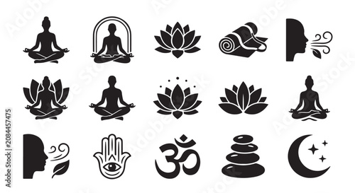 Photography Black and white silhouette collection featuring lotus flowers meditating figures