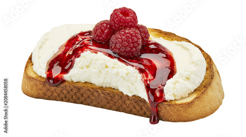 Toasted bread slice with cream cheese raspberry jam and fresh raspberries, isolated on transparent background