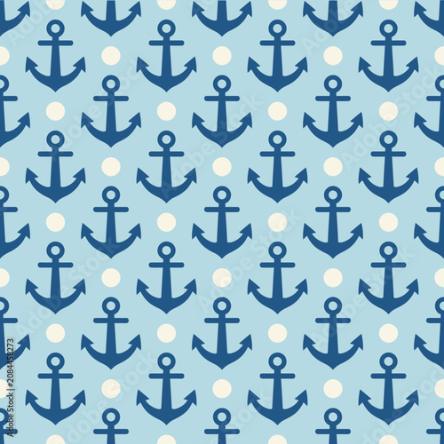 Seamless nautical pattern with blue anchors and white dots