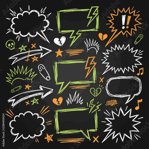 Hand drawn comic speech bubbles on a dark chalkboard background