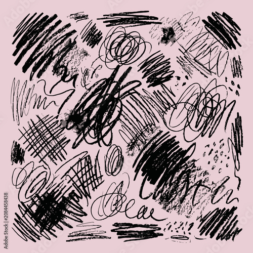Chaotic black crayon scribbles on a pastel pink background