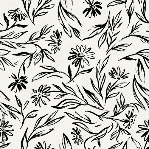Black ink hand drawn floral seamless pattern on cream background