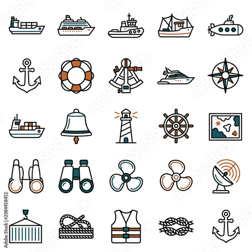 A collection of nautical and maritime vector line icons