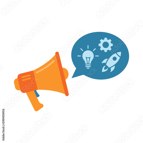 Orange megaphone with a speech bubble showing startup icons