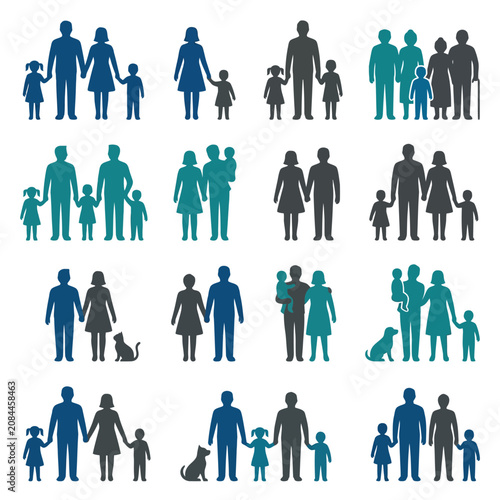 Collection of diverse family silhouettes on a white background