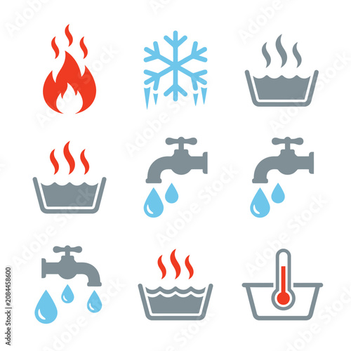 Set of flat vector icons for water temperature and washing