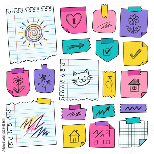 Colorful sticky notes and paper scraps with hand-drawn doodles