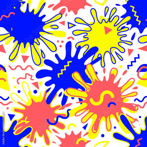 Vibrant seamless pattern featuring colorful retro paint splatters