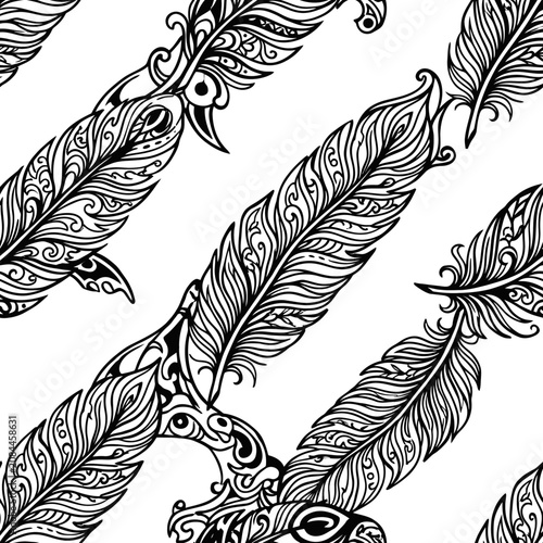 Seamless pattern of hand drawn ornate feathers in black and white