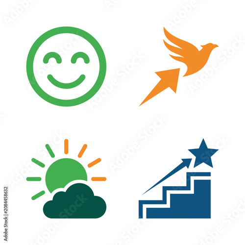 Four colorful icons representing success, happiness and growth