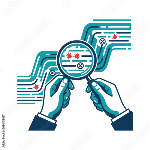 Hands use a magnifying glass to inspect digital data for bugs