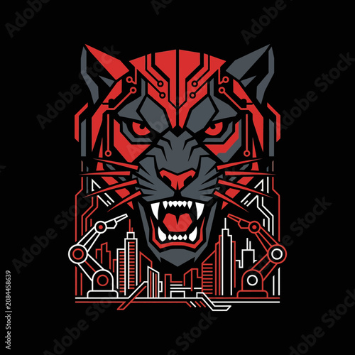 A fierce robotic feline head with city and circuit elements