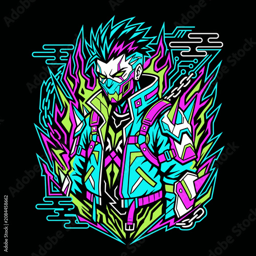 A vibrant neon cyberpunk character illustration with energetic flames