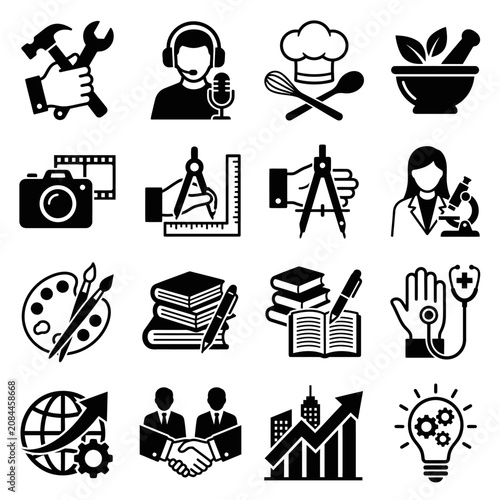 Black and white icons representing different careers and industries