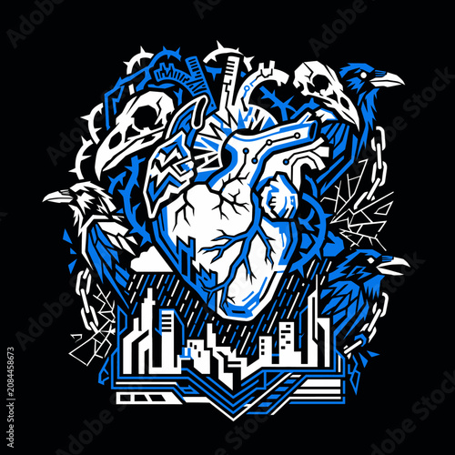 Cybernetic heart with crows, skulls and urban elements