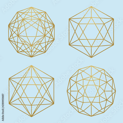 Four golden geometric wireframe shapes on a blue background