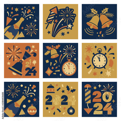 Retro New Year 2024 celebration icon set in flat design