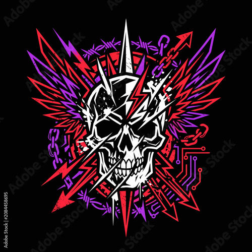 Rebellious skull graphic with vibrant lightning and grunge textures