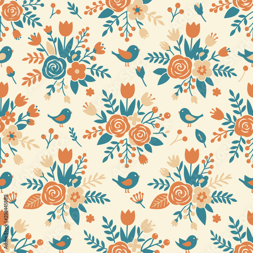 Seamless floral pattern with birds and flowers in folk style