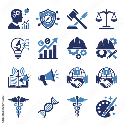 Blue business and industry icons set on a white background