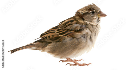 Fotografie Small brown sparrow bird with striped feathers, isolated on transparent backgrou