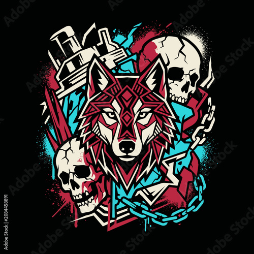 Stylized wolf head with skulls and chains on a dark background