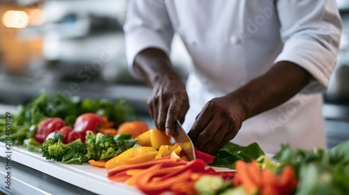 A person wearing a white chef s coat is slicing fresh colorful vegetables on a clean cutting board
