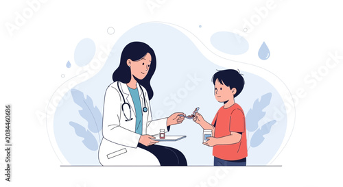 Doctor giving medicine to child patient with stethoscope and bottle, illustration for healthcare and pediatric care.
