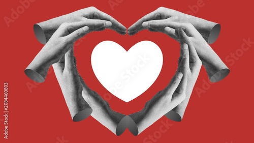 Halftone hands forming heart shape with beating white heart on red background. Retro pop art style, bold and striking, suitable for love and valentines content.