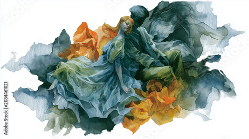 Watercolor illustration of a romantic couple embracing in abstract flowing paint
