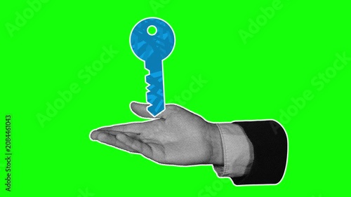 Halftone businessman hand holding floating key on green screen background. Retro pop art style, seamless loop for real estate, access, and opportunity concept content.