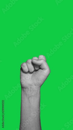 Halftone hand alternating between fist and open palm on green screen background. Vertical format, retro pop art style, seamless loop suitable for chroma key compositing.