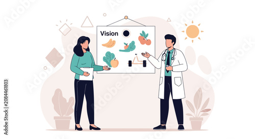 Doctor presenting healthy eating plan with fruits, vegetables and healthy food pyramid chart to patient