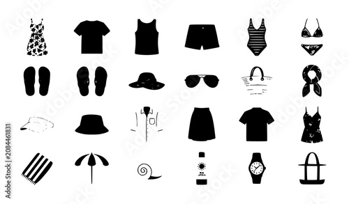 Fotografie Summer clothing fashion outfit flat vector icon set featuring beachwear casual a