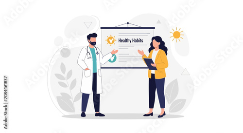 Doctor presenting healthy habits to patient with infographic and sunshine