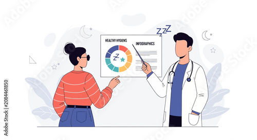 Doctor presenting healthy hygiene and sleep infographics to a patient, illustrating health and wellness concepts with visual data.