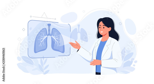 Doctor presenting lung anatomy illustration with digital interface, medical science and healthcare concept