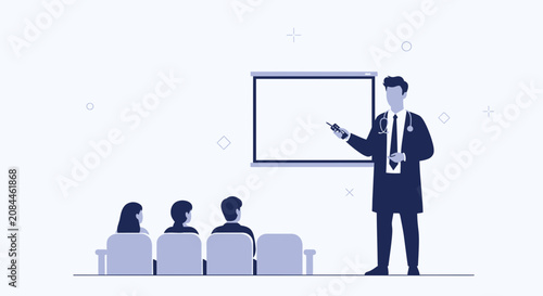 Doctor Presenting Medical Information to Audience in Conference Room, Flat Design Illustration