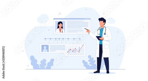 Doctor presenting medical data and patient profiles on digital screens