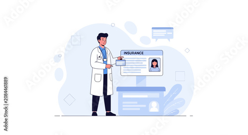 Doctor presenting medical insurance card and patient profile, healthcare administrative process illustration