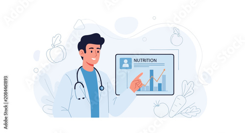 Doctor presenting nutrition graph with healthy food elements, vector illustration