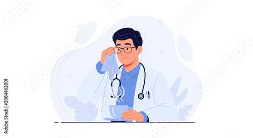 Doctor resting and wiping forehead with cloth, holding coffee cup, vector illustration