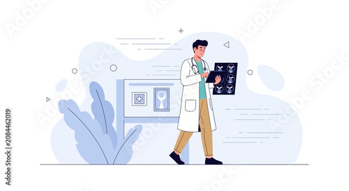 Doctor reviewing MRI scans, modern medical illustration with flat design elements and healthcare concept.