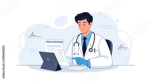Doctor Reviewing Medical Documents and Tablet in Modern Illustration Style